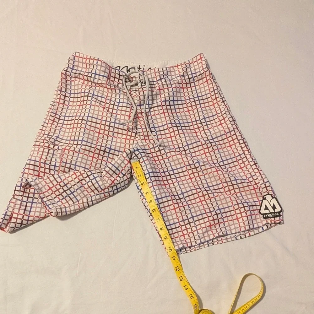 Matix Mens Board Shorts Size 32 White Red Blue Grid Plaid Swim Trunks Surf